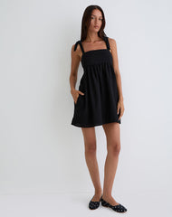 Kayla Square Neck Mini Dress in Linen Black