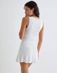 Luscian Plunge Mini Dress in White with Micro Polka Black
