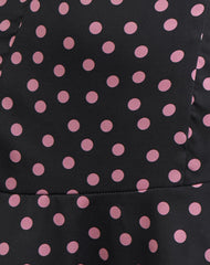 Maribel Mini Dress in Black Satin Scattered with Pink Polka