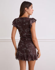Motarika Mini Dress in Doodle Flower Flock Brown