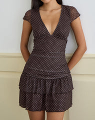 Mowgli Cap Sleeve Mini Dress in Brown with Micro Polka Pink Print