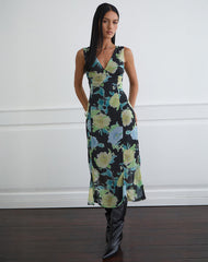 Olydia Midi Dress in Black Chiffon with Crystal Flower Print