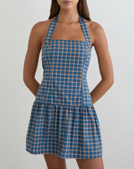 Panja Mini Halter Neck Dress in Medium Tartan Blue