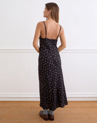 Posine Maxi Dress in Black with Red Rose Ditsy Print