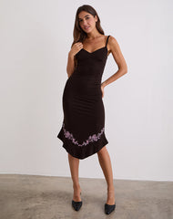 Quelin Midi Dress in Chocolate Brown with Rose Embroidery
