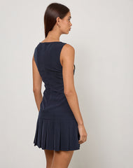 Rita Pleat Mini Dress in Tailoring Navy