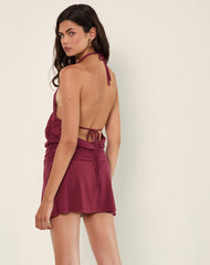 Senara Cinch Waist Halterneck Mini Dress in Burgundy