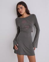 Sevila Long Sleeve Mini Dress in Cupro Diamante Flower Dark Grey