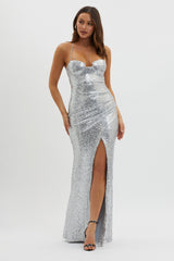 Starry Eyes Lace-Up Back Sequin Maxi Dress Silver