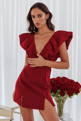 Liardon Bubble Sleeve V-Neckline Mini Dress Wine