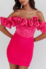 Arista Off-Shoulder Ruched Mini Dress Hot Pink