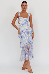Veda Strappy Back Ruffle Maxi Dress Flowers Blue