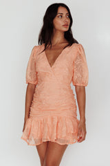 Cherry Blossom Puff Sleeve Wide Ruffle Hem Dress Orange