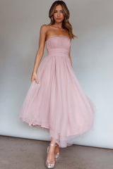 Fayette Strapless Mesh Midi Dress Blush