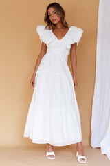Kahlo Puffed Ruffle Neckline Maxi Dress White