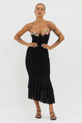 Rose Garden Ruched Mesh Midi Dress Black