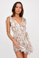Lido Tied Shoulder Shirred Romper Beige Print