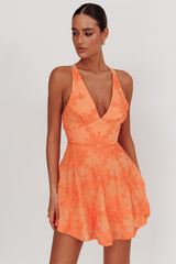 Lavalle Criss-Cross Floral Embellished Mini Dress Orange