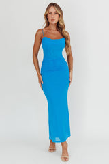 Morella Ruched Waist Mesh Maxi Dress Blue