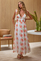 Equator Tied Shoulder Shirred Maxi Dress Floral Pink