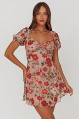 Dillon Twist Bust Mini Dress Floral Beige