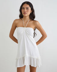 Yvelise Mini Dress in Crinkle Off White with Beads