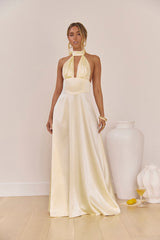 Hour Of Love Satin Halter Maxi Dress Yellow