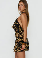 Karolie Halter Plunge Mini Dress Leopard