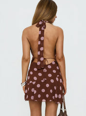 Karolie Halter Plunge Mini Dress Brown / Lilac Polka Dot