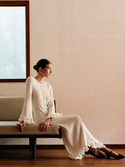 Semi-Sheer Piping Ruffle Drawstring Knit Dress