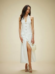Cotton & Linen Pocket-Detail Halter Neck Tie-Back Dress