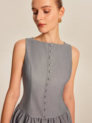 Button Front Pleated Sleeveless Dress