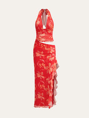 Semi-Sheer Ruffled Floral Halter Dress