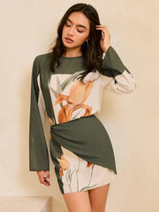 Floral Print Long Sleeve Wrap Dress