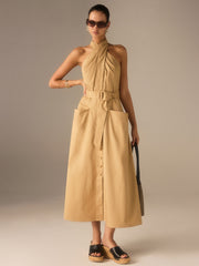 Cotton Pleated Halter Neck Belted Midi Dress
