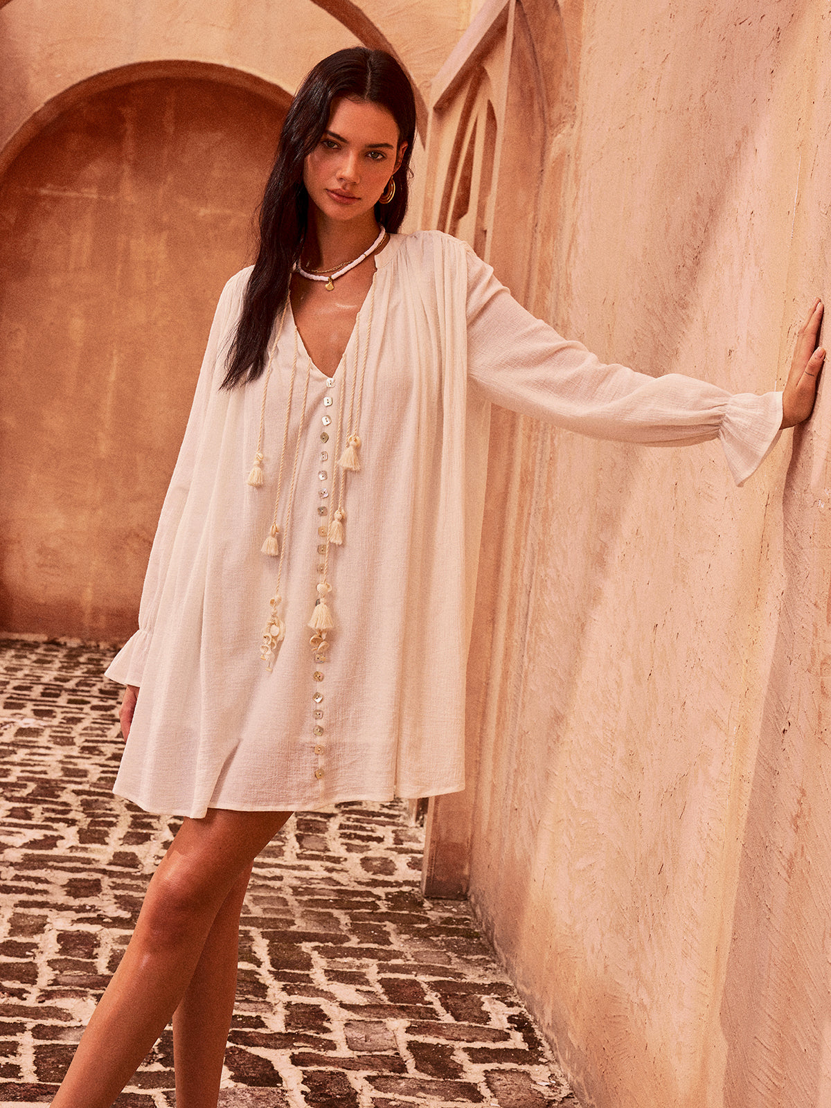Tasseled Button Cotton Mini Dress