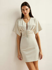 Cotton & Linen Ruched Button Detail Mini Dress