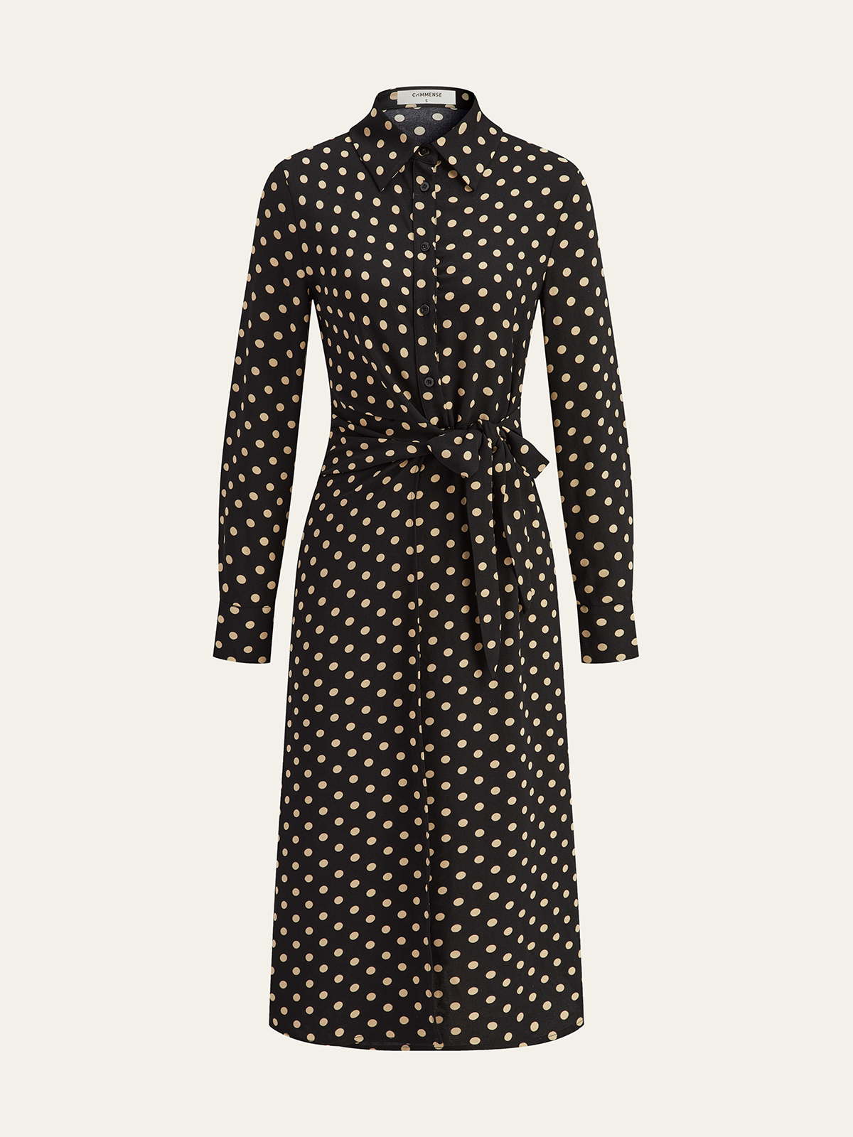 Polka Dot Shirt Collar Belted Long Sleeve Dress