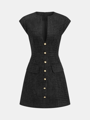 Metal Button Tweed Sleeveless Mini Dress