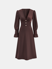 V-Neck Puff Sleeve Button Fitted Dress
