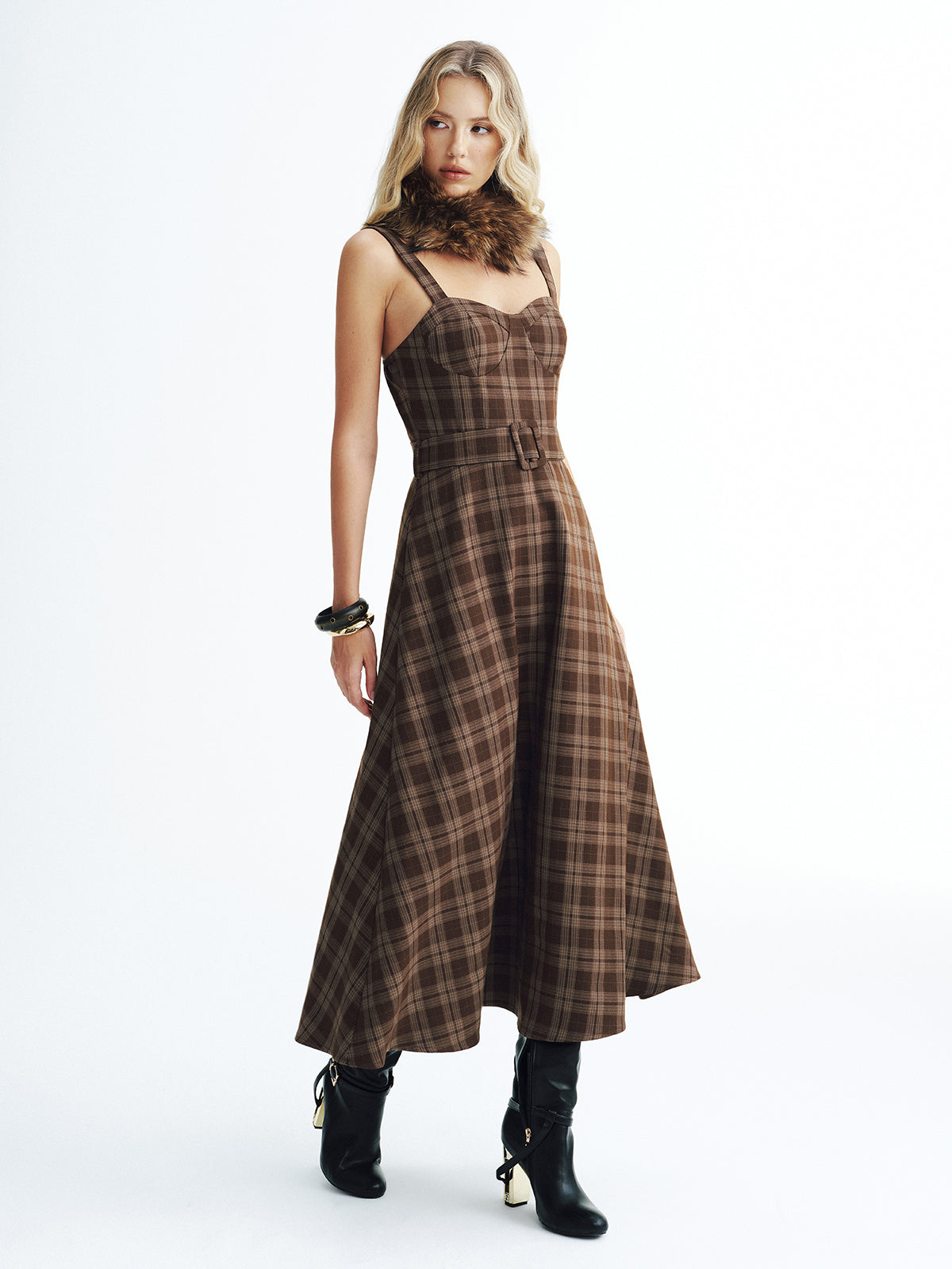 Belted Plaid Strappy Maxi Dress