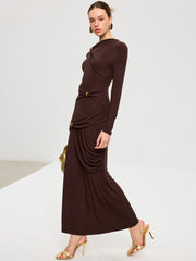 Metal Detail Long Sleeve Draped Maxi Dress