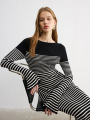 Flared Sleeve Color-Block Striped Knit Maxi Dress