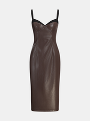 Faux Leather Sweetheart Neckline Slip Midi Dress