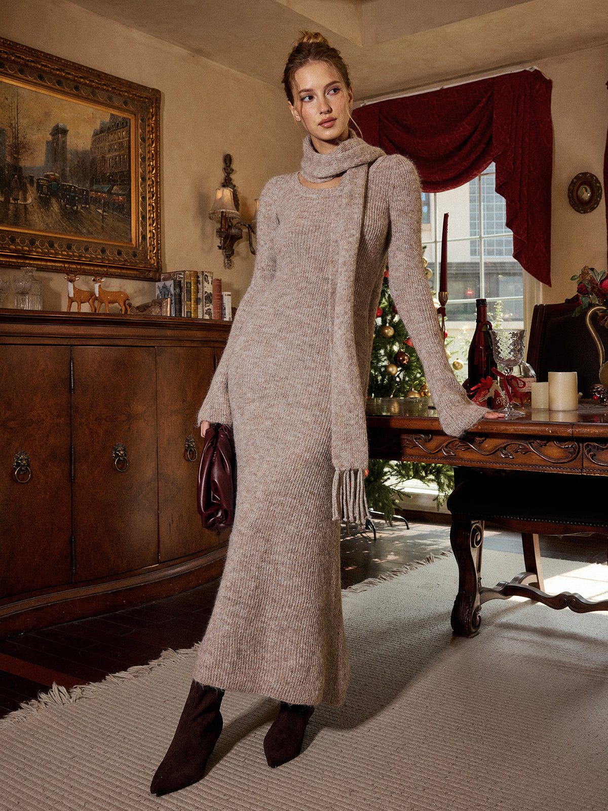 Long Sleeve Knit Maxi Dress with Scarf