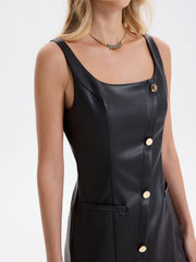 Faux Leather Sleeveless Asymmetrical Slit Midi Dress