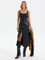 Faux Leather Sleeveless Asymmetrical Slit Midi Dress