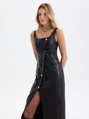 Faux Leather Sleeveless Asymmetrical Slit Midi Dress