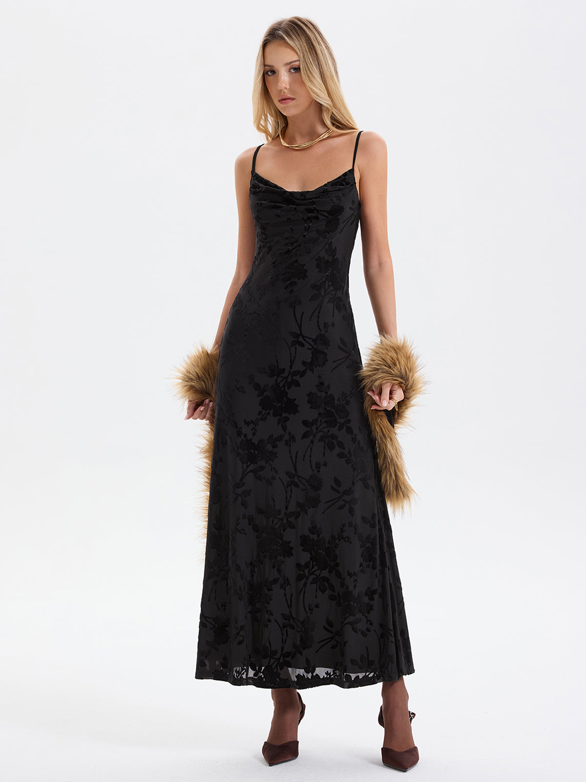 Cami Flocked Floral Mesh Maxi Dress
