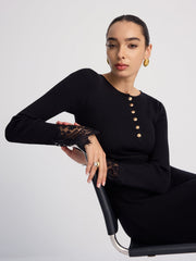 Lace-Trimmed Ribbed Knit Midi Dress